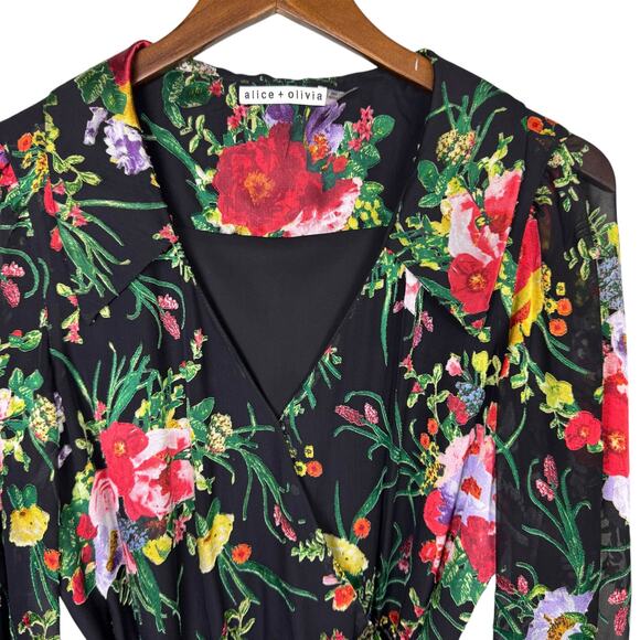 Alice + Olivia Abney Floral Burnout Velvet Detail Long Sleeve Midi Wrap Dress - Picture 13 of 16